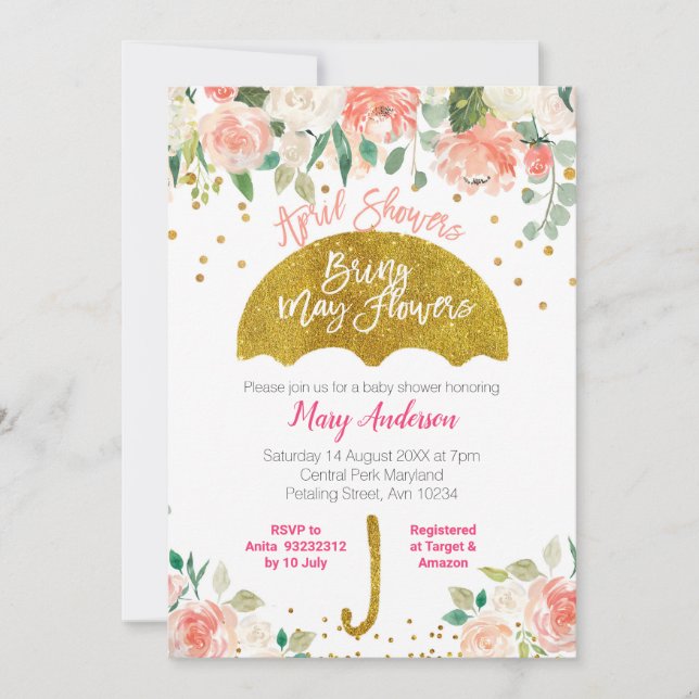 Pfirsichrosa Regenschirm April Duschen bringen Mai Einladung (Vorderseite)