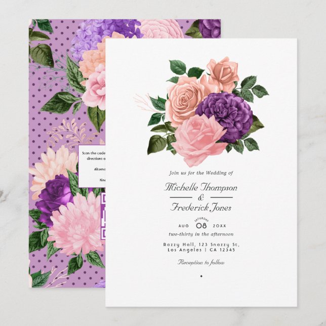 Pfirsichrosa und Lavendel Lila Blumenhochzeit Einladung (Vorne/Hinten)
