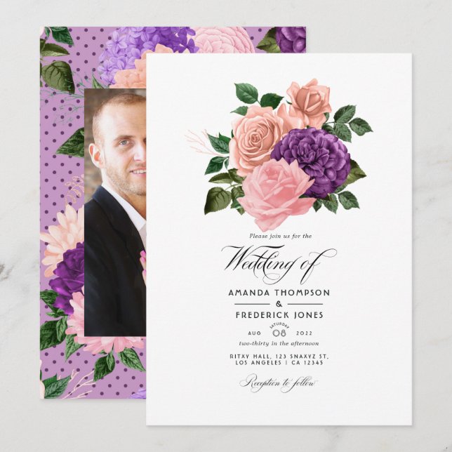 Pfirsichrosa und Lavendel Lila Blumenhochzeit Einladung (Vorne/Hinten)