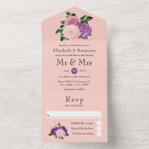 Pfirsichrosa und Lila Blumenhochzeit All In One Einladung