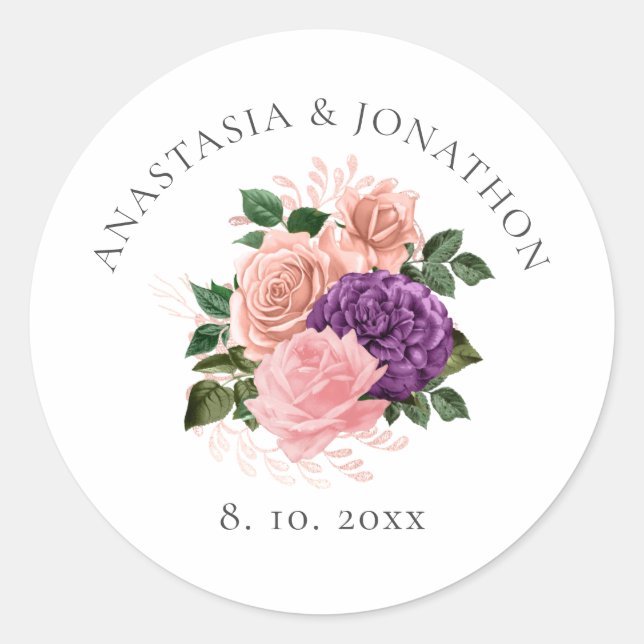 Pfirsichrosa und Lila Blumenhochzeit Runder Aufkleber (Vorderseite)