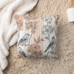 Pfirsichstreifen Blumen-Vogel Elegant (1) Kissen