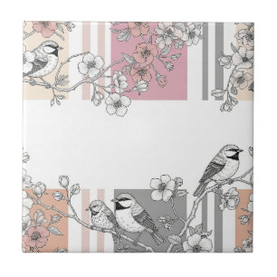 Pfirsichstreifen Blumenmuster Vogel Elegant (10) Fliese
