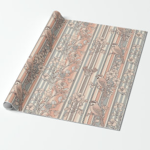Pfirsichstreifen Blumenmuster Vogel Elegant (2) Geschenkpapier