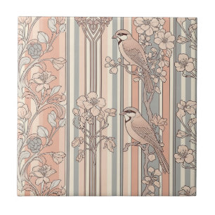 Pfirsichstreifen Blumenmuster Vogel Elegant (3) Fliese