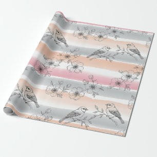 Pfirsichstreifen Blumenmuster Vogel Elegant (4) Geschenkpapier