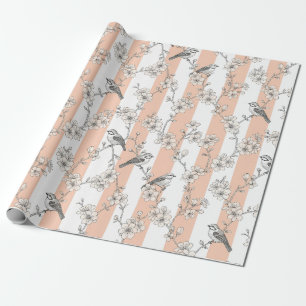 Pfirsichstreifen Blumenmuster Vogel Elegant (5) Geschenkpapier