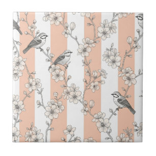 Pfirsichstreifen Blumenmuster Vogel Elegant (8) Fliese