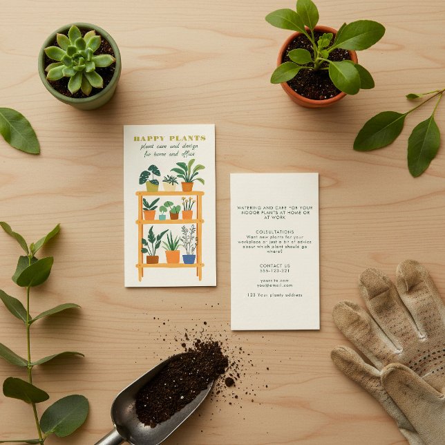 Pflanze Pflege Töpfe Pflanze Holzschicht Visitenkarte (Plant care business card with plant care guide.)