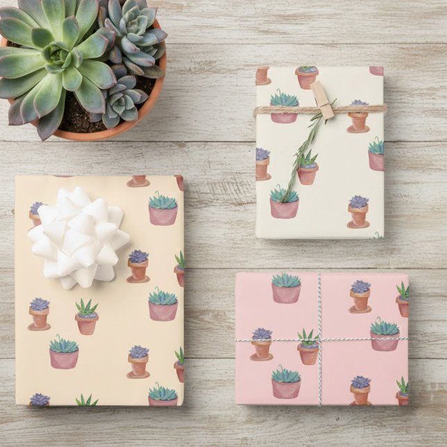 Pflanze Sukkuline und Cacti-Wasserfarbengeschenk Geschenkpapier Set (Potted Plants Succulents and Cacti Watercolor Gift Wrapping Paper Sheets
)