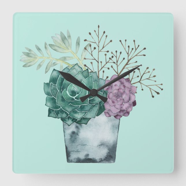 Pflanzen-Glück-Sammlung| Succulents Quadratische Wanduhr (Vorderseite)