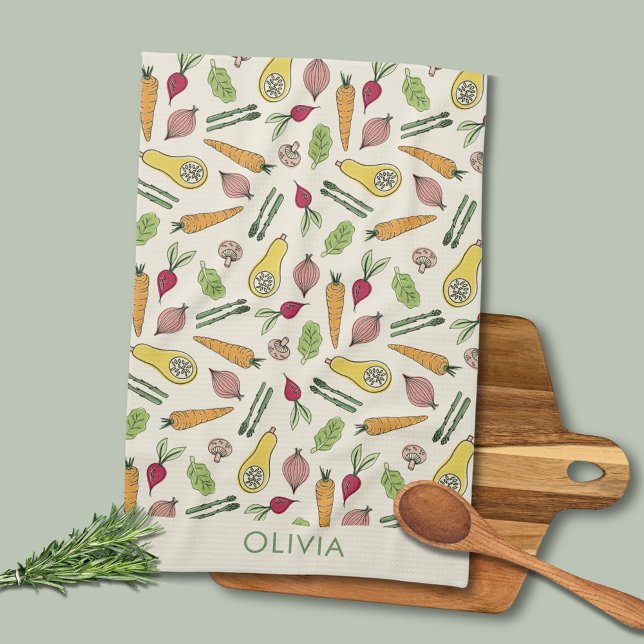 Pflanzenpflaster auf dem Markt für lokal angebaute Geschirrtuch (Farmers Market Garden Vegetable Patch Kitchen Towel.  Personalize with your own name.)