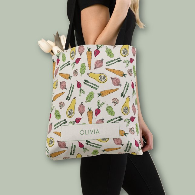 Pflanzenpflaster auf dem Markt für lokal angebaute Tasche (Farmers Market Garden Vegetable Patch Tote Bag.  Personalize with your own name.)