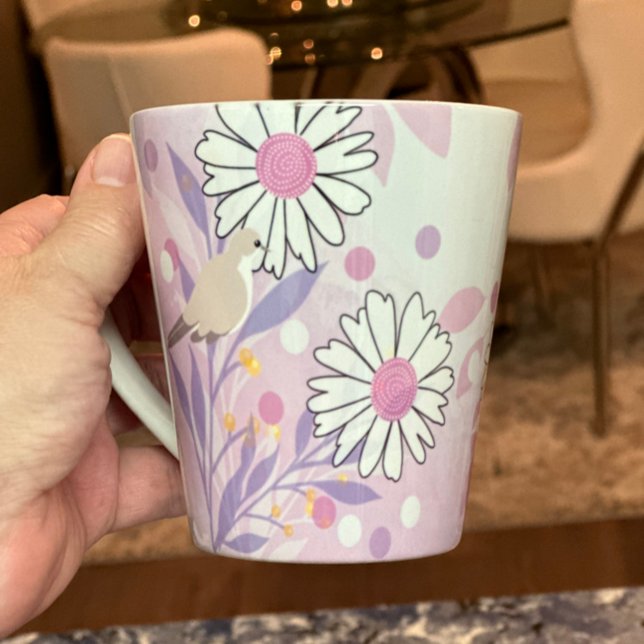 Pflanzenwelt Milchtasse (Beautiful pink latte coffee mug with a tropical bird and abstract floral design)