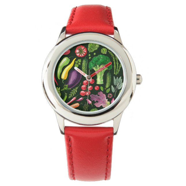 Pflanzliche und Kräuter Gartenernte auf schwarz Armbanduhr (Vorderseite)