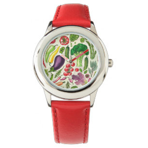 Pflanzliche und pflanzliche Gartenernte auf weißem Armbanduhr