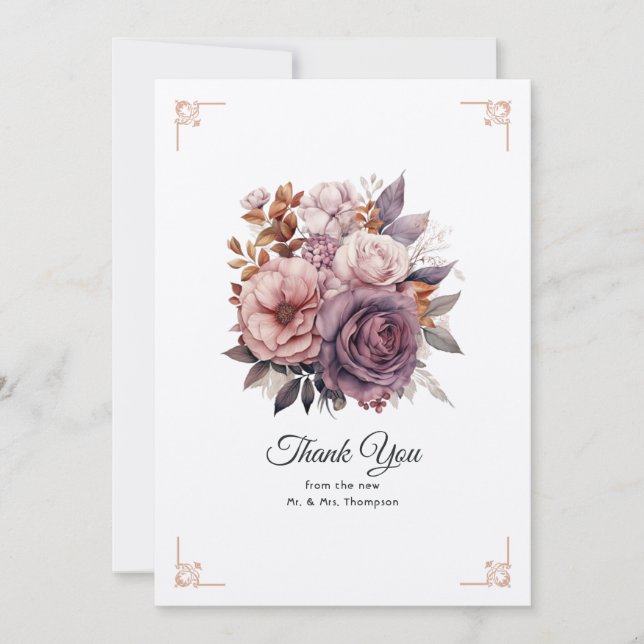 Pflaume, Grau, Kupfer und Dusty Rose Blumenhochzei Dankeskarte (Vorderseite)