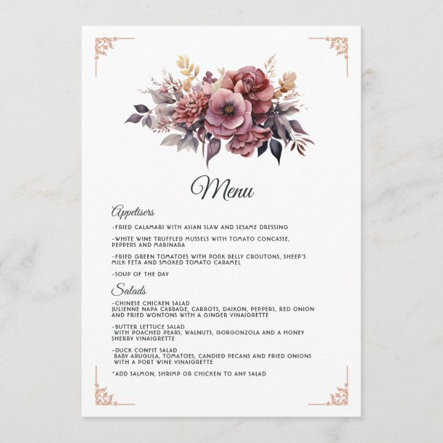 Pflaume, Grau, Kupfer und Dusty Rose Blumenhochzei Menükarte (Vorderseite)