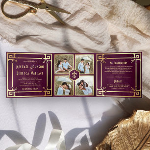 Pflaume Lila Gold Art Deco Foto Collage Hochzeit Dreifach Gefaltete Einladung