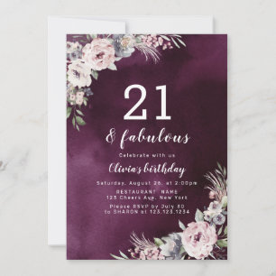 Pflaume lila & staubige rosa boho florale 21. Gebu Einladung