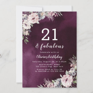Pflaume lila & staubige rosa boho florale 21. Gebu Einladung
