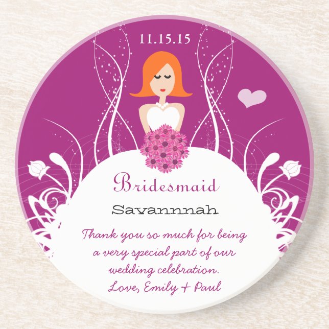 Pflaume mit Red Hair Side Teil Bridesmaid Unterset Sandstein Untersetzer (Vorne)