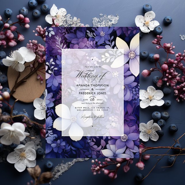 Pflaume, Navy Blue und Silver Floral Winter Weddin Einladung (Von Creator hochgeladen)
