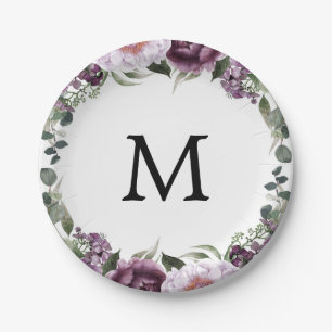Pflaume Pfingstrosen Monogramm Brautparty-Papierte Pappteller