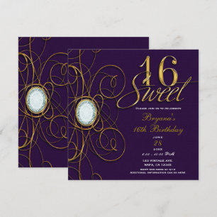 Pflaume Royal Purple & Gold Diamant Sweet 16 Gebur Einladung