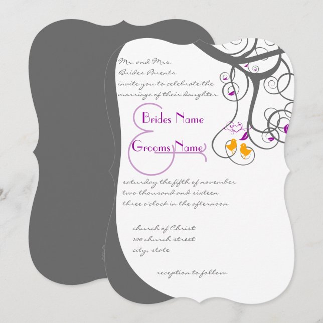 Pflaume Tree Wirbel Love Birds Wedding Einladung (Vorne/Hinten)