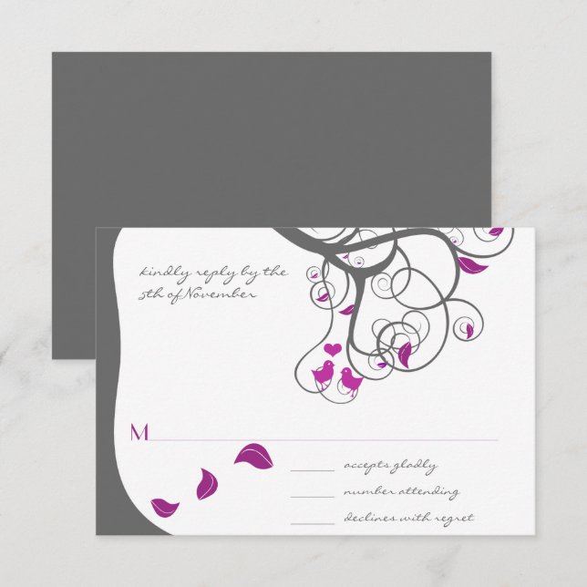 Pflaume Tree Wirbel Love Birds Wedding Einladung (Vorne/Hinten)