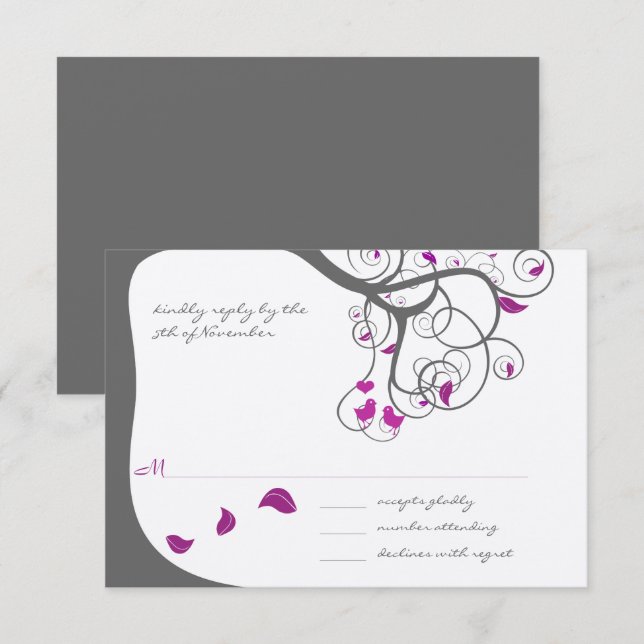 Pflaume Tree Wirbel Love Birds Wedding Einladung (Vorne/Hinten)