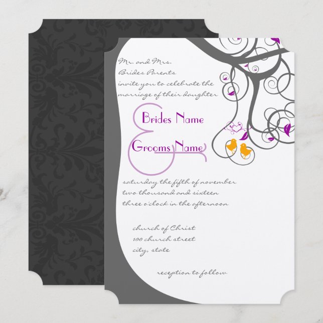 Pflaume Tree Wirbel Love Birds Wedding Einladung (Vorne/Hinten)