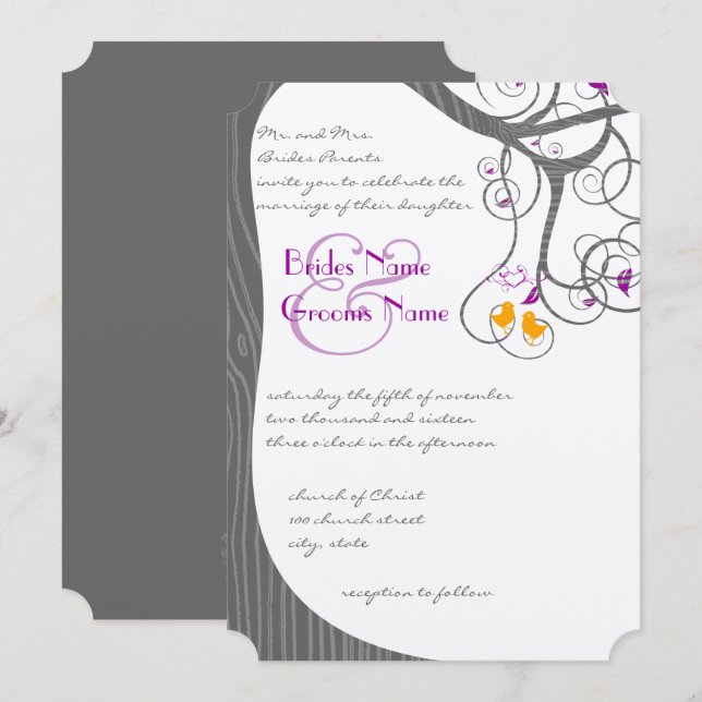 Pflaume Tree Wood Grain Love Birds Hochzeitseinlad Einladung (Vorne/Hinten)