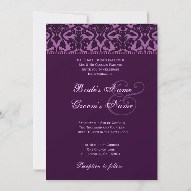 Pflaume und Eggplant Lila Damask Hochzeit Einladung (Vorderseite)