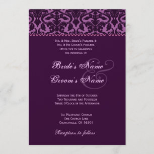Pflaume und Eggplant Lila Damask Hochzeit Einladung