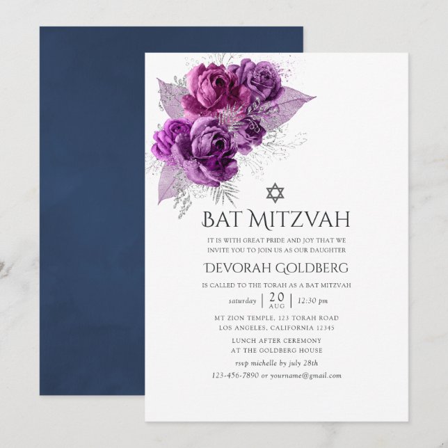 Pflaume und Navy Wasserfarben Floral Bat Mitzvah Einladung (Vorne/Hinten)