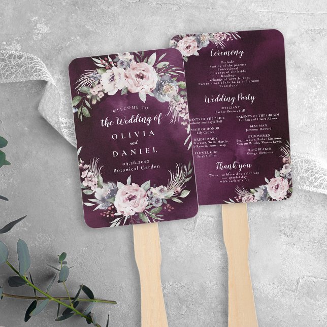 Pflaume und rosafarbene Hochzeitsfeier Fächer (Plum & dusty pink boho floral wedding program hand fan)
