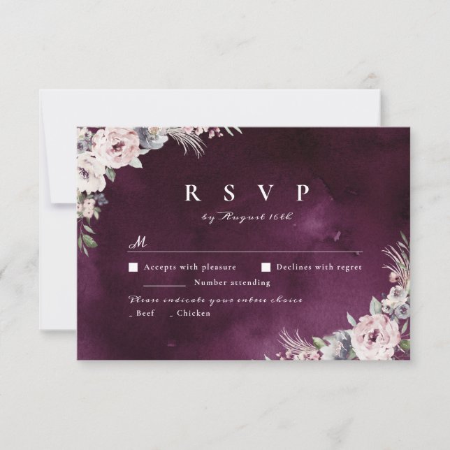 Pflaume und staubige rosa boho blumenreiche Hochze RSVP Karte (Vorderseite)