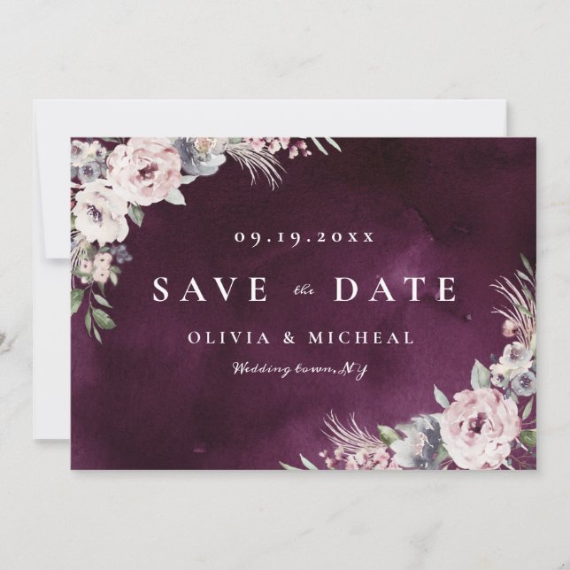 Pflaume und staubige rosa, rustikale boho, blühend save the date (Vorderseite)