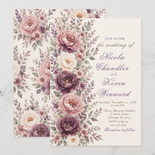 Pflaume und Staubrose Florale Hochzeit Einladung