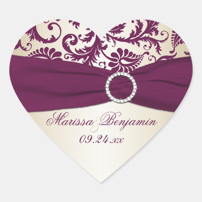 Pflaume und Taupe Damask Herzform Sticker (Vorderseite)