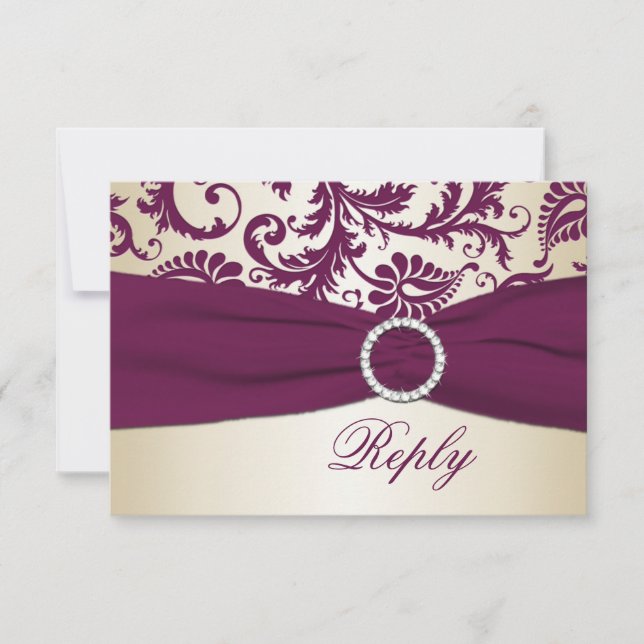 Pflaume und Taupe Damask mit DRUCKBAND-UAWG RSVP Karte (Vorderseite)