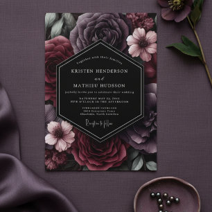 Pflaumen-Dunkelblüten-Romanze-Hochzeit Einladung