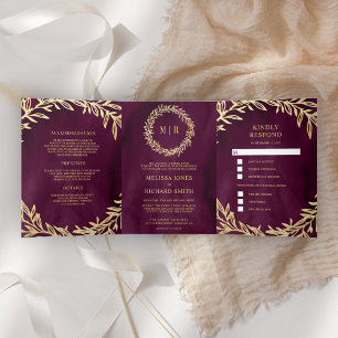 Pflaumen-Goldblatt-Zweig All-in-One-Hochzeit Dreifach Gefaltete Einladung