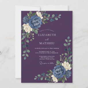 Pflaumen-Indigo-Blüten-Hochzeit Einladung