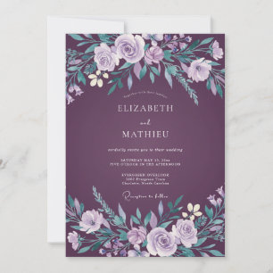 Pflaumen-Lavendel-Aquarell-Blumenhochzeit Einladung