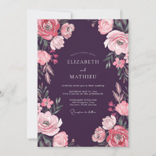 Pflaumen-Magenta-Wildblumen-Hochzeit Einladung