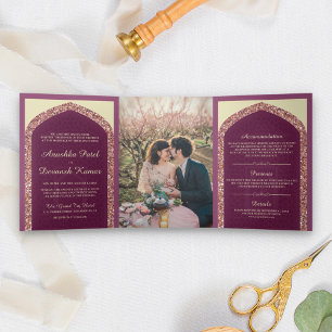 Pflaumen-Mauve-Roségold-Glitter Indische Hochzeit Dreifach Gefaltete Einladung
