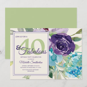 Pflaumen-Pfirsich-Blau-Aquarell-Blumen 40 und Fant Einladung